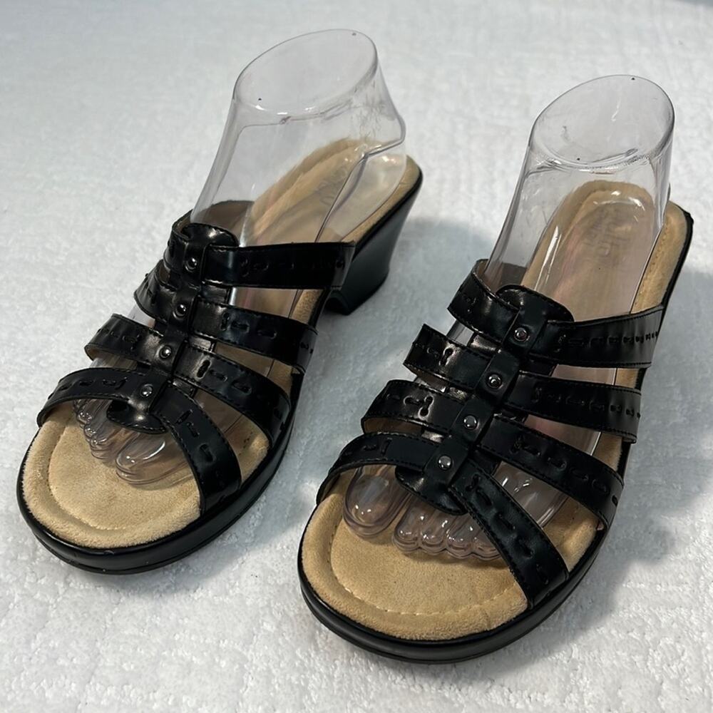 Rialto comfort black strap open toe slide on low heel sandals size 10